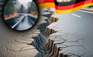 Illustration of self healing concrete repairing cracks after rain in Germany