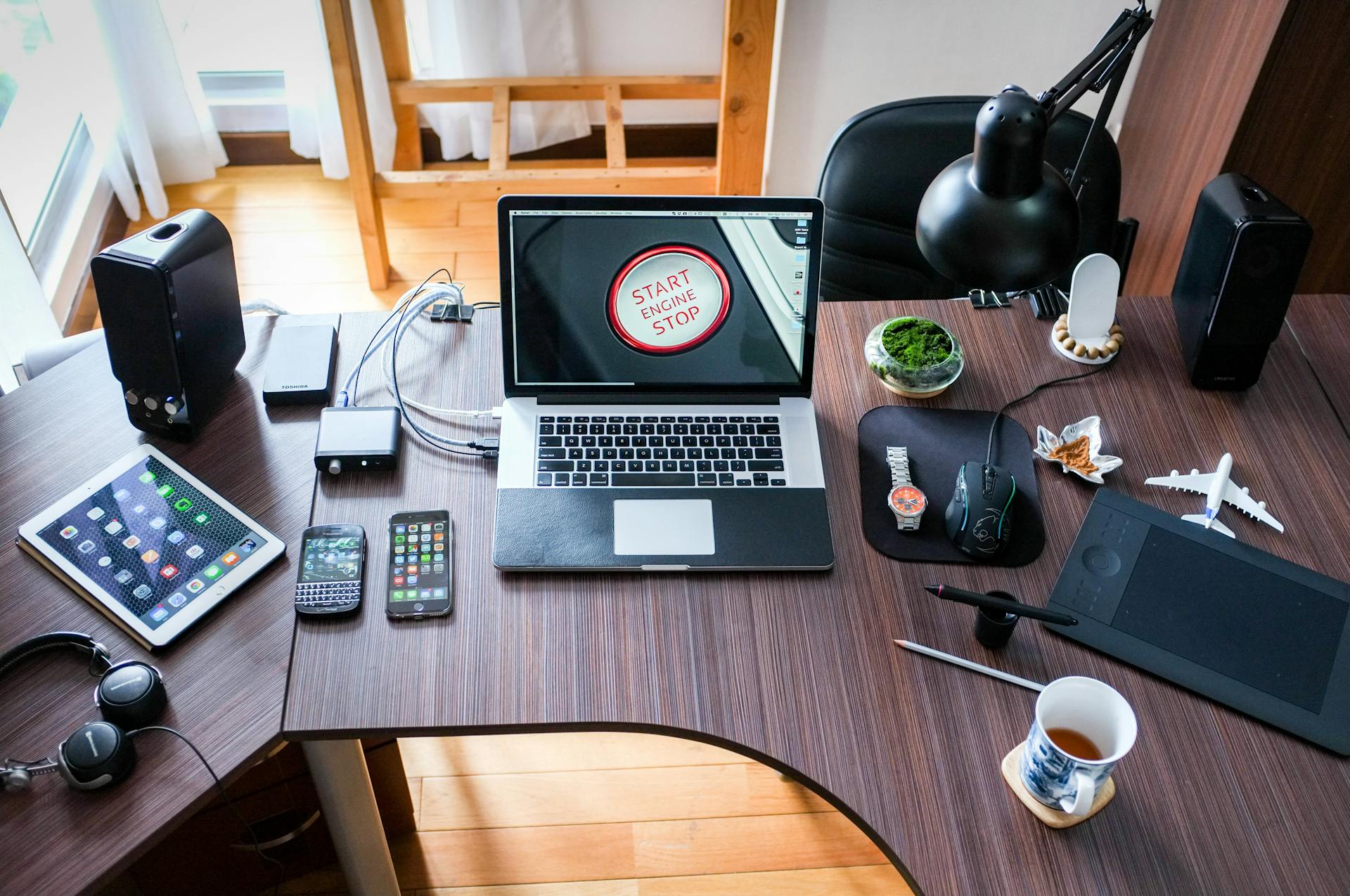 Modern tech setup with devices on table