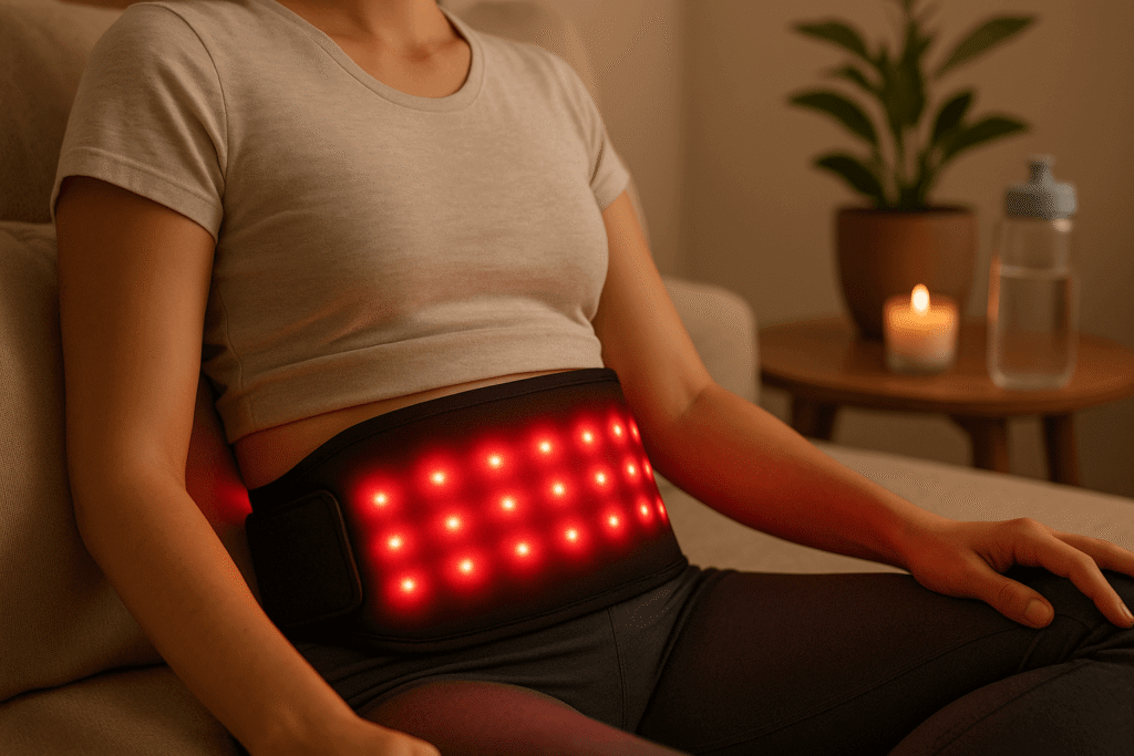 A person using a red light therapy belt at home for back pain relief and recovery, with a gentle red glow around the belt area. bryan johnson red light therapy can i use my phone during red light therapy dgyao red light therapy red light therapy and tretinoin red light therapy before and after cellulite red light therapy for bruises red light therapy for cats red light therapy for tendon repair