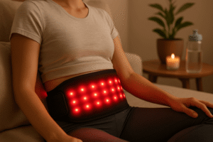 A person using a red light therapy belt at home for back pain relief and recovery, with a gentle red glow around the belt area. bryan johnson red light therapy can i use my phone during red light therapy dgyao red light therapy red light therapy and tretinoin red light therapy before and after cellulite red light therapy for bruises red light therapy for cats red light therapy for tendon repair